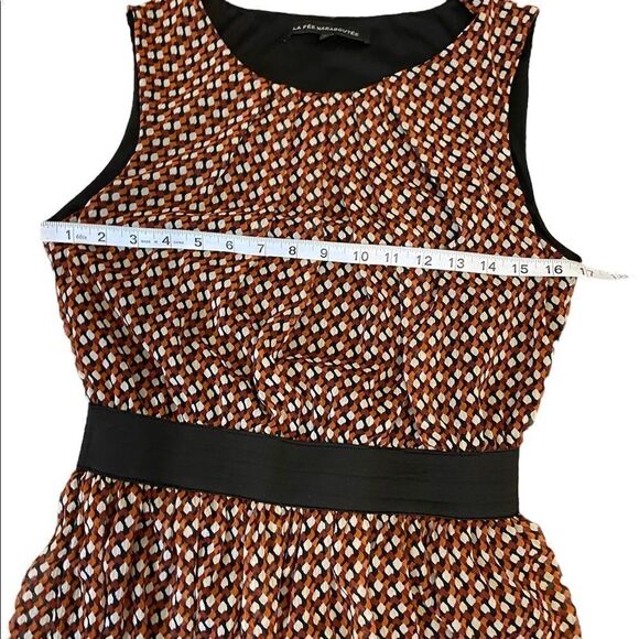 Geometric Pattern Brown&Cream Sleeveless Elastic Waist Italian Made Dress 40 - Picture 9 of 10
